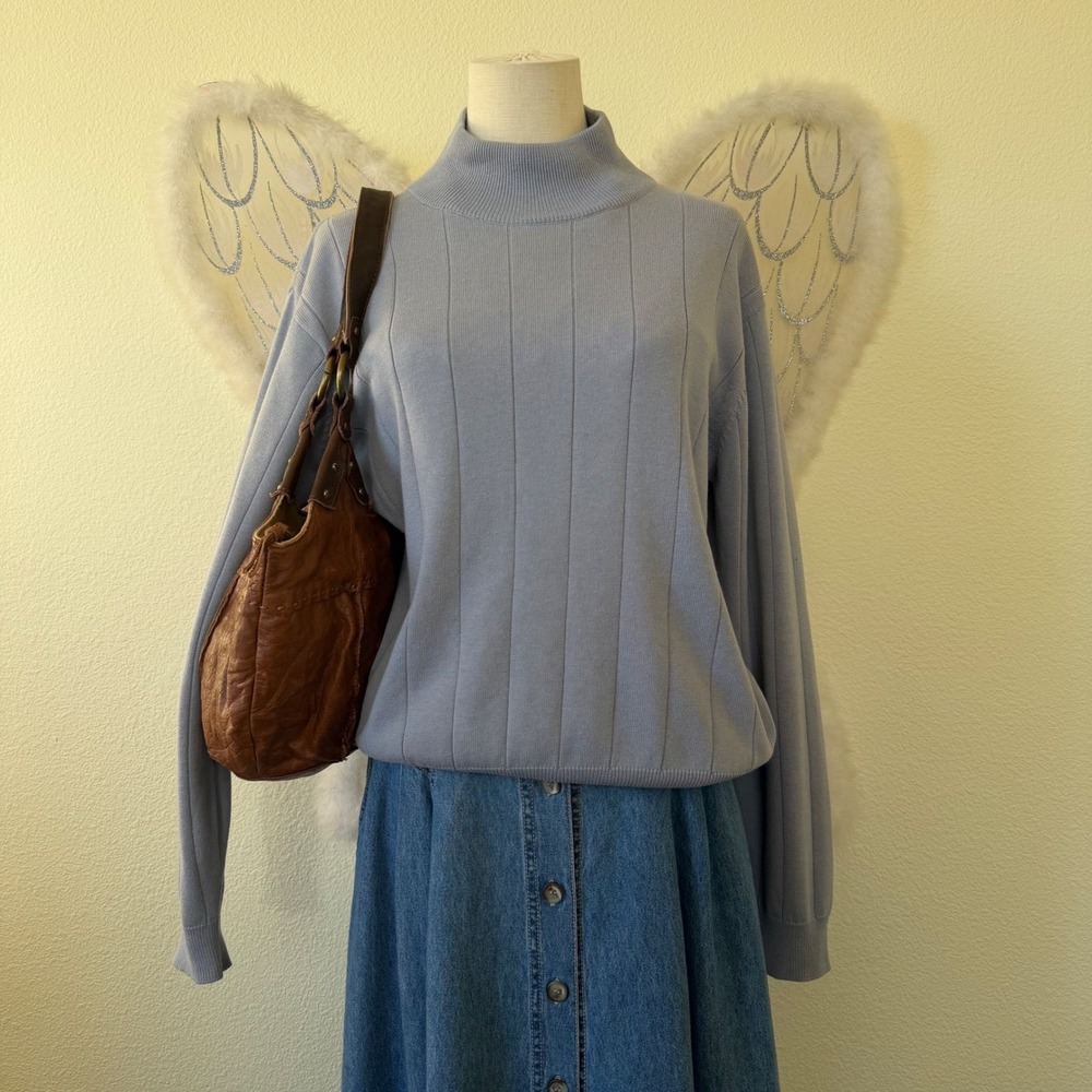 Retro Chunky Ribbed Light Purple Blue Ribbed Mock Neck Sweater 90s Oversized Y2K